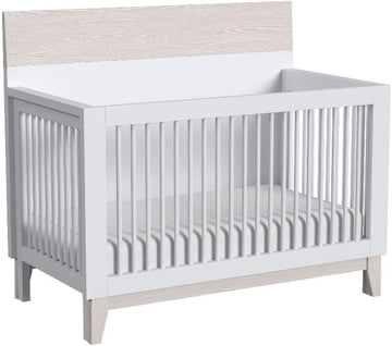 Modern Wood Convertible Crib, Ash Linen White Finish, 48" H x 56" W x 30.5" D, Three Height Adjustments, Steel Spring