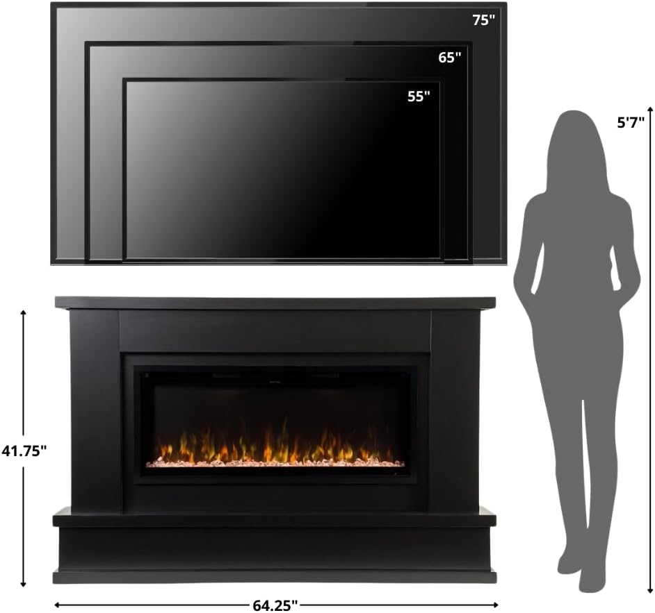 Black Mantel Package 64" W 42" H with 42 Inch Electric Fireplace - 5 Flame Colors, 10 Ember Bed Colors, Log