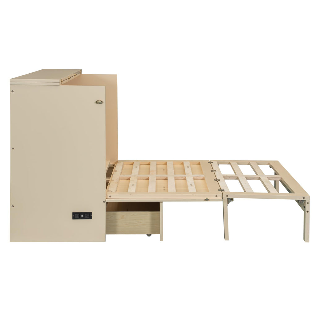 Full Murphy Bed with Large Drawers, Wood Cabinet Bed (Gold)