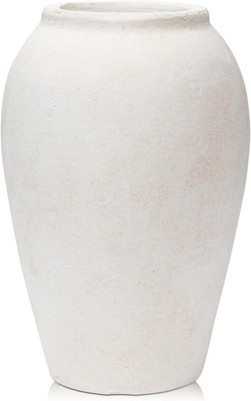 Handcrafted Terracotta Flower Vase, 9.6" Tall, Vintage White Ceramic, Rustic Antique Decor, Wide Mouth, Matte Finish