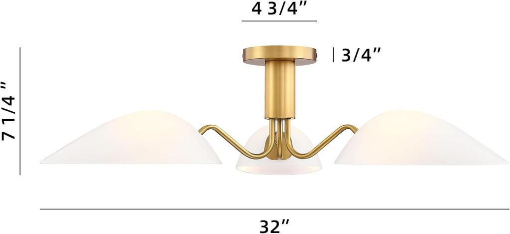 Modern Gold 3-Light Ceiling Light with Opal White Glass Shade Semi Flush Mount Ceiling Light for Living Room Hallway