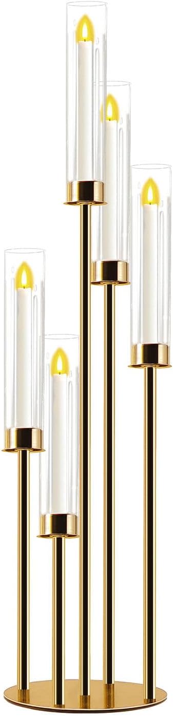 Candelabra Gold Centerpiece 5 Arms Taper Candle Holder Gold Centerpiece with Acrylic Tubes for Table Decoration