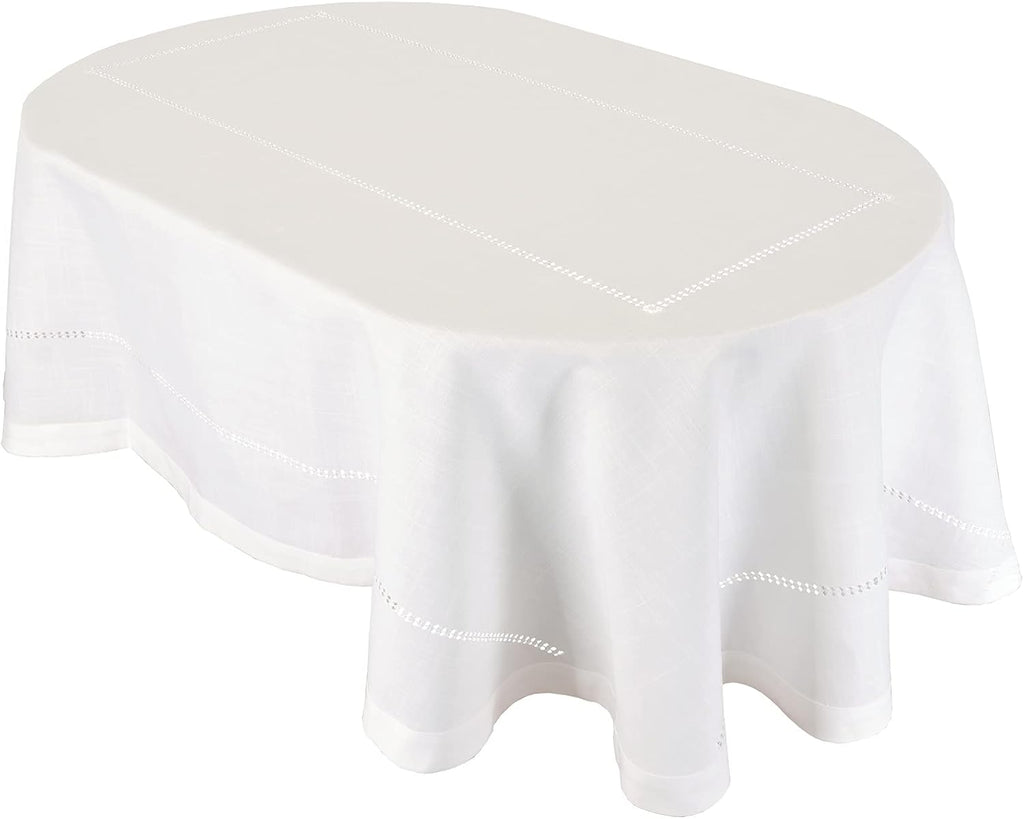 Solid Color Double Hemstitched Dining Tablecloth (Off White, Oval 60x84 inches)