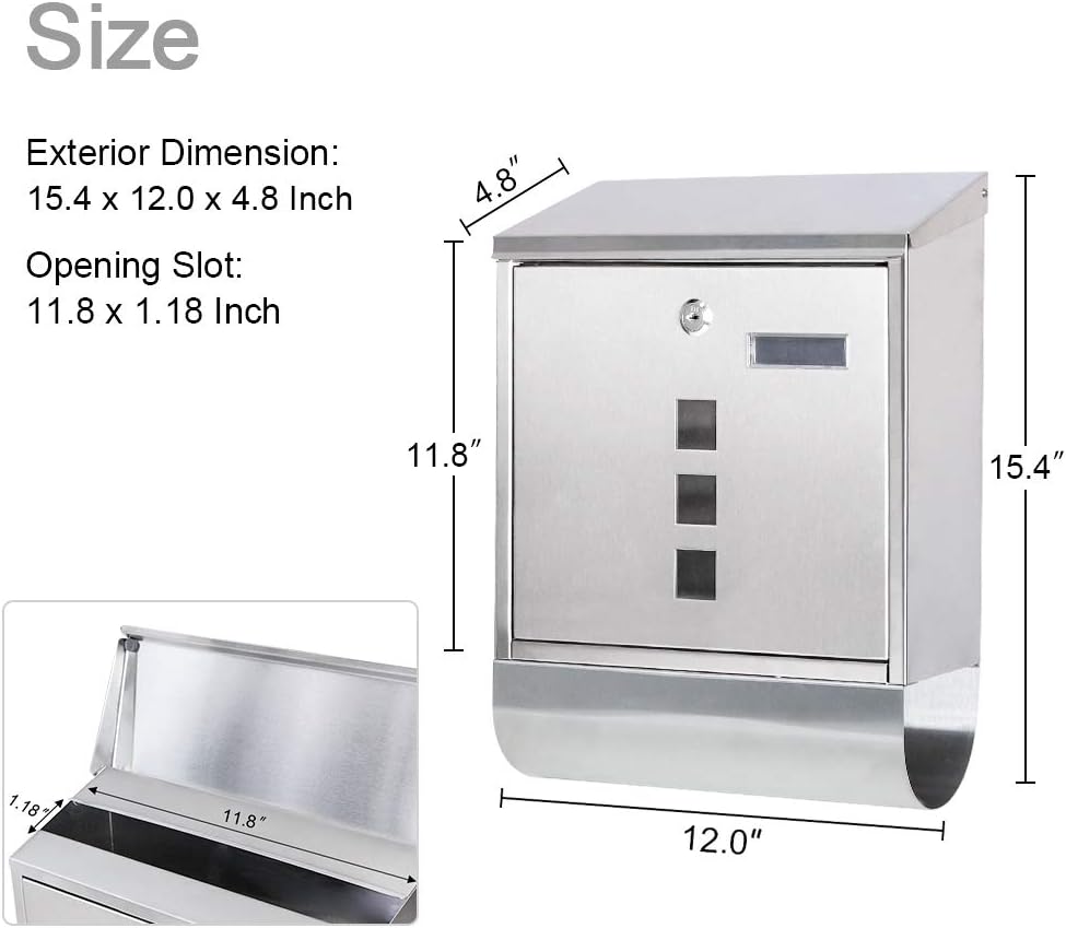 Locking Wall Mount Mailbox, Stainless Steel Mailboxes with Secure Key Lock and Newspaper Compartment, HPB2203 Silver