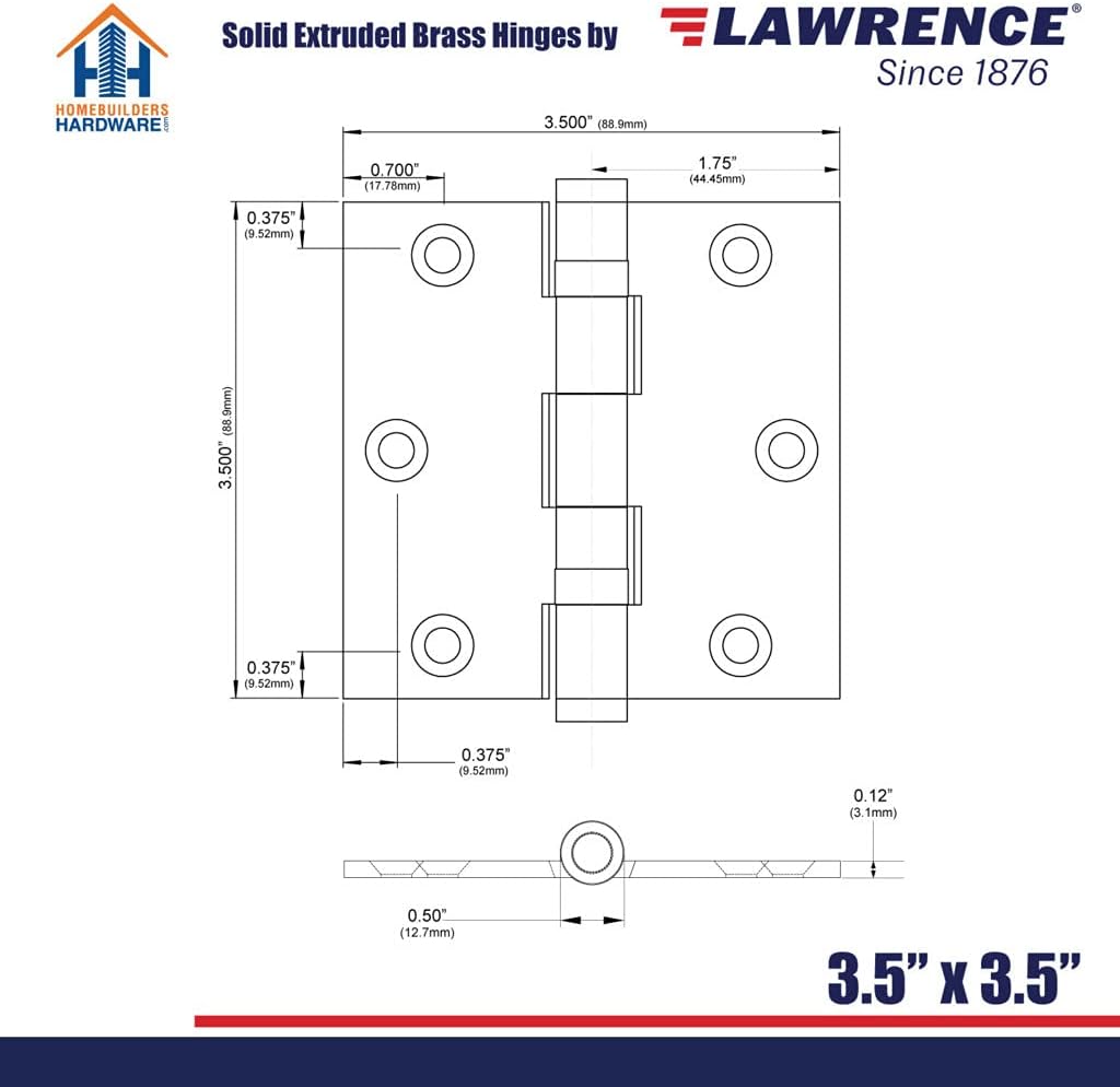 Door Hinge Solid Brass - 3.5 x 3.5 Inch, Heavy Duty, Polished Nickel, Ball Bearings, Rust Resistant Pin