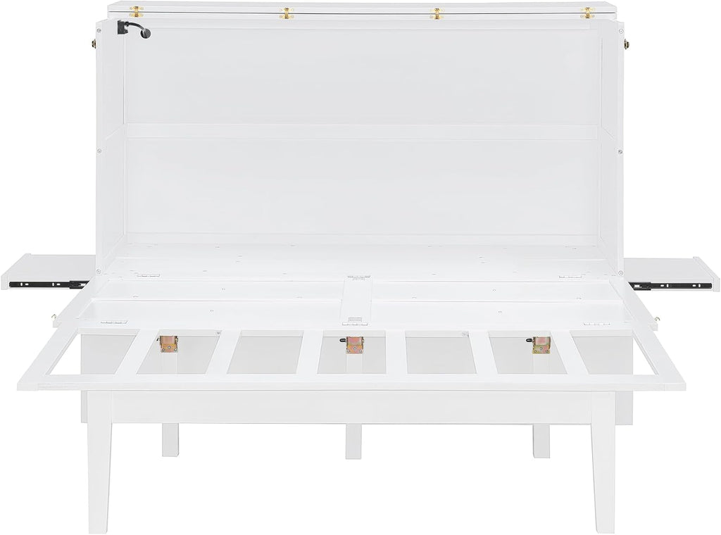 Foldable Murphy Cabinet Bed with Removable Shelves on Each Side and Desk, Queen Wood Murphy Bed with USB Port for Bedroom, White