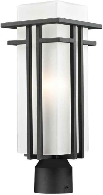 Outdoor Post Light with Glass and Black Metal Finish, Matte Opal