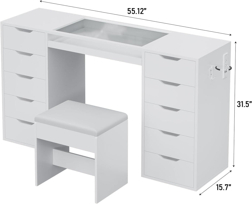 55" Vanity Desk Without Mirror, 10-Drawer Glass Top Makeup Vanity with Slide-Out Tray & Charging Station, Vanity Set