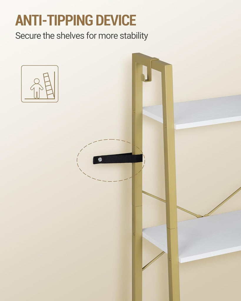 Ladder Shelf, Bookshelf Bookcase, Freestanding Corner Storage Shelve with 2 Hooks, Industrial