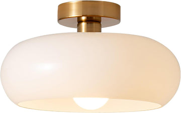 Mid Century Modern Ceiling Light - MCM Milk Glass Flush Mount with 11" White Dome Shade - Gold Brass Ceiling Lamp
