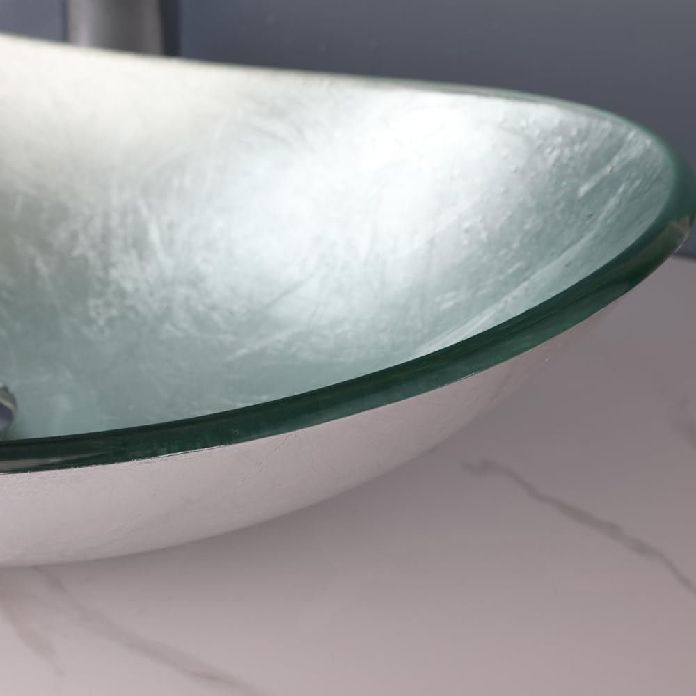 Oval Bathroom Vessel Sink Tempered Glass With Faucet Pop Up Drain Washing Bowl Waterfall Above Counter Set