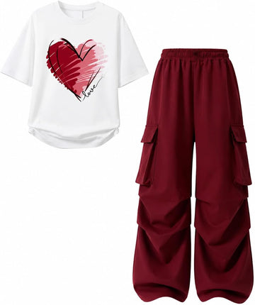 Teen Girls 2 Piece Clothes Short Sleeve Heart Graphic T-Shirt Top + Cargo Pants 2pcs Outfit Set