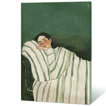 Contemporary Woman Lying on Couch Wall Art Eclectic Emerald Green Posters Minimalist Stripe Decor Modern People