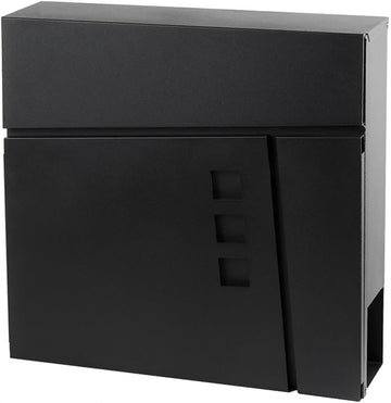 Modern Wall Mounted Outdoor Mailbox - 14" x 14" Black Galvanized Steel Mailbox with Newspaper Holder & 2 Security Keys