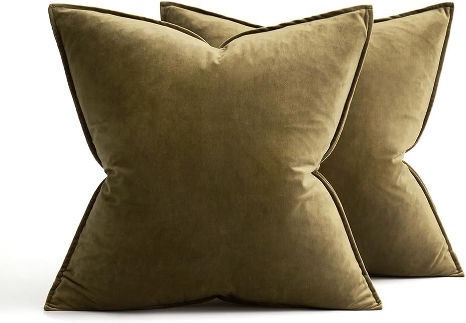 Olive Green Velvet Throw Pillow Covers 20x20 Soft Decorative Solid Square Cushion Cases Pack of 2 Modern Luxury Home