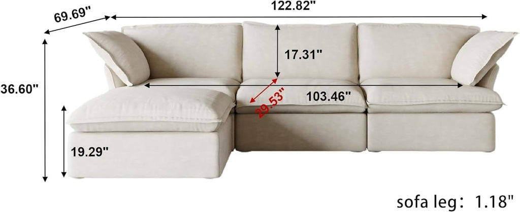 L Shape Modular Couches, Deep Couch Sectional Couch with Chaise Ottoman, Modern Comfy Cloud Sectional Sofas, Cushion Covers Removable, Two Corners and A Middle Sofa for Living Room (Beige)