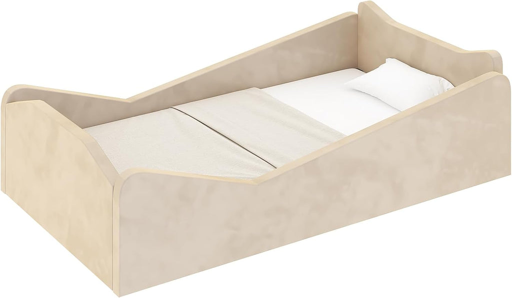 Toddler Bed, Floor Bed with Safety Guadrail, Montessori Toddler Bed with Animal Ear Shapes, Soft Velvet Wood Bed for