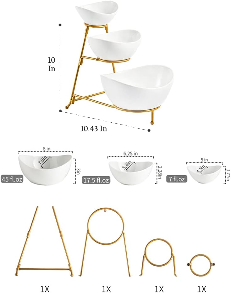 3 Tier Serving Bowls Set Tiered Serving Stand, Porcelain Oval Bowls with Collapsible Metal Stand for Entertaining