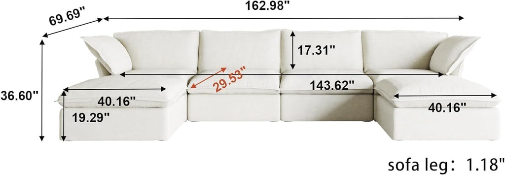 U-Shaped White Cloud Sectional Couches, Deep 6-Seats Convertible Couch, Modular Sofa with Chaise Ottomans, Sofas Furniture for Living Room Bedroom Office Apartment (White)