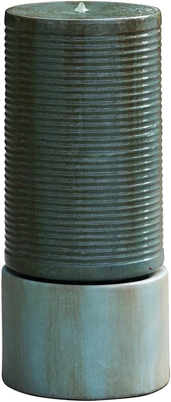 44" Tall Large Round Green Ribbed Tower Water Fountain, Verge Blue Gray Finish