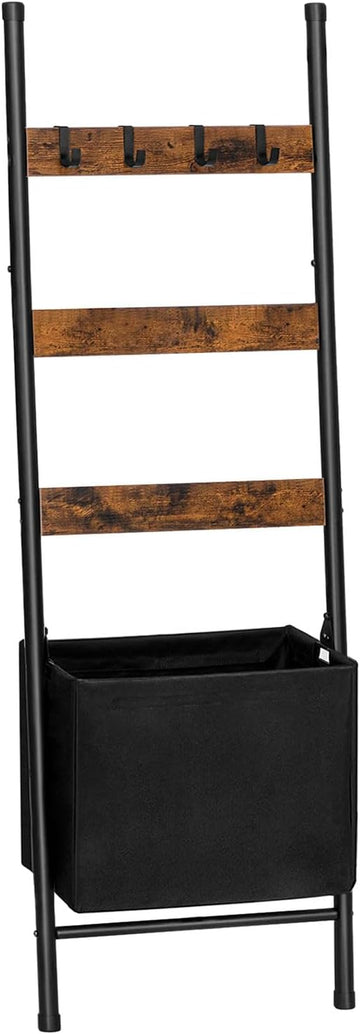 Blanket Ladder with Basket, 17.3"L x 63.4"H, Towel Rack with Hooks, Blanket Holder Rack, Decorative Ladder Shelf