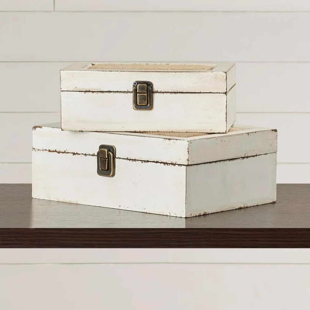 Rustic Ivory Decorative Storage Boxes with Lids, Farmhouse Wooden Boxes Decor, Keepsake Boxes Memory Gift - Set of 2