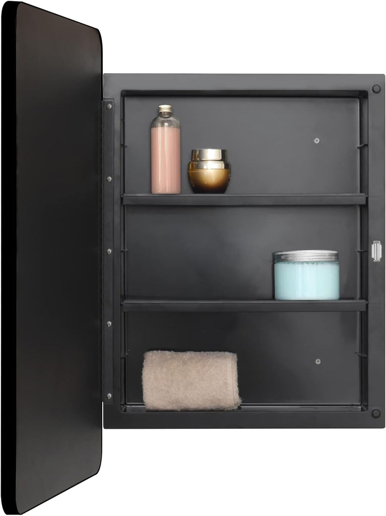 Plastic Black Medicine Cabinet 16x24 Beveled Mirror, Recessed/Surface Mount | Black Metal-Framed Bathroom Mirror