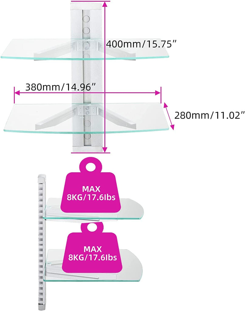 2 Tiers Glass Floating Shelves, Flat Black Wall Mount Bracket, AV Shelf, Media Shelf for DVD Player / PS4 / Cable