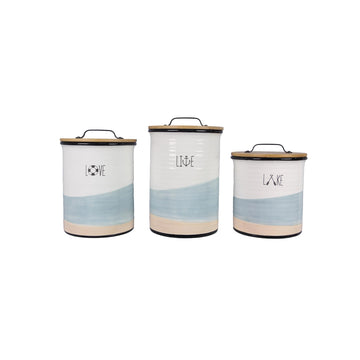 Ceramic Lake Vibe Kitchen Canister Set of 3 with Lids, Blue & White Lakehouse Storage Jars for Coffee, Sugar, Flour