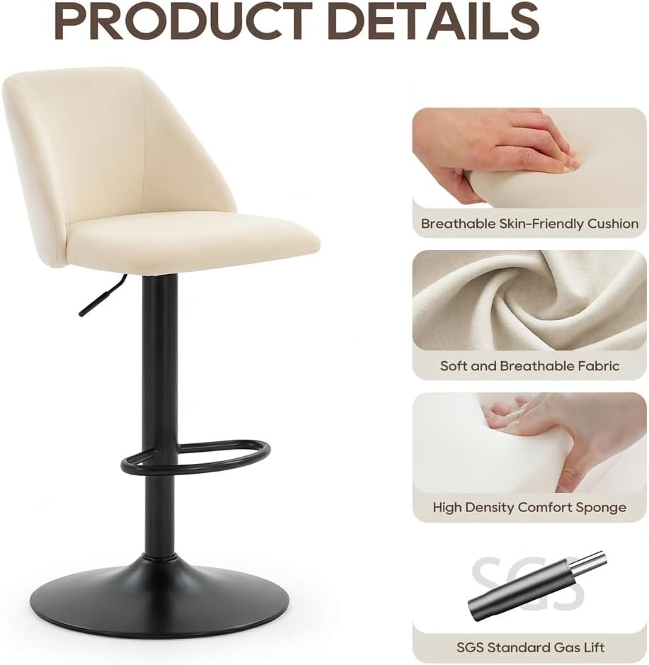 Adjustable Fabric Bar Stools,360° Modern Swivel Counter Height Chairs with Soft Cushioned Seat & Stable Metal Base