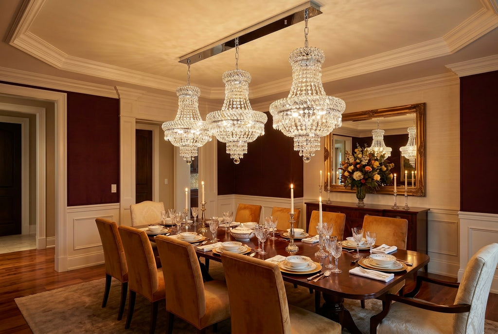 Set of 3 French Empire Crystal Chandeliers - Silver Finish - H19" X W14" 3 Lights Each - Dining Room, Foyer, Entry Way, Living Room