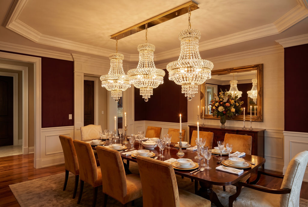 Set of 3 French Empire Crystal Chandeliers - Gold Finish - H19" X W14" 3 Lights Each - Dining Room, Foyer, Entry Way, Living Room