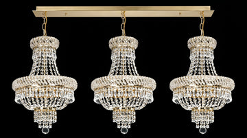 Set of 3 French Empire Crystal Chandeliers - Gold Finish - H19" X W14" 3 Lights Each - Dining Room, Foyer, Entry Way, Living Room