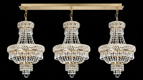 Set of 3 French Empire Crystal Chandeliers - Gold Finish - H19" X W14" 3 Lights Each - Dining Room, Foyer, Entry Way, Living Room