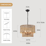 5-Light Bohemian Natural Rattan Tiered Drum Chandelier with Adjustable Height and Dimmable