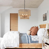 5-Light Bohemian Natural Rattan Tiered Drum Chandelier with Adjustable Height and Dimmable