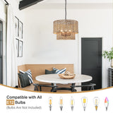 5-Light Bohemian Natural Rattan Tiered Drum Chandelier with Adjustable Height and Dimmable
