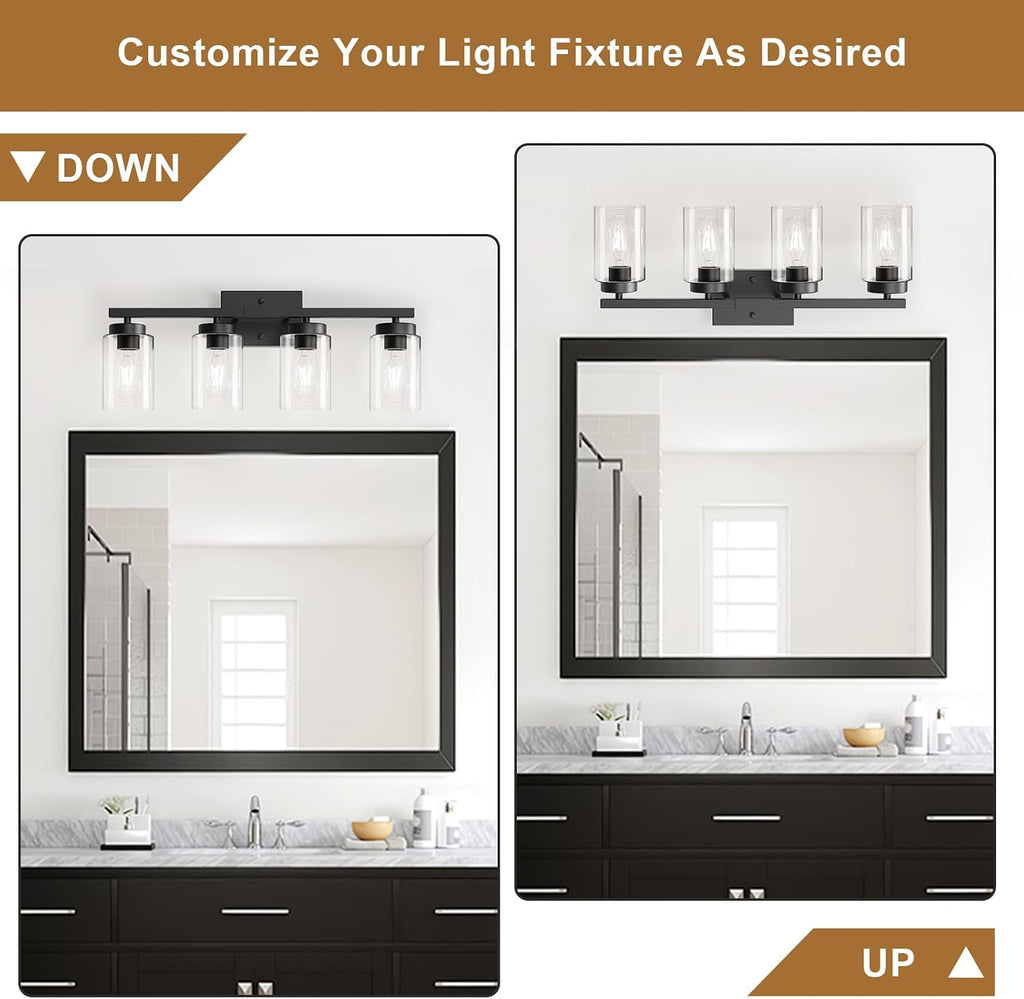 Modern Bathroom Light Fixtures, 4 Light Black Vanity Lights, Bathroom Lighting Fixtures Over Mirror with Clear Glass