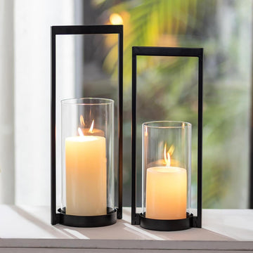 Hurricane Candle Holder for Pillar: Black Modern Candle Holders for Table Centerpiece - Geometric Candle Stand Set of