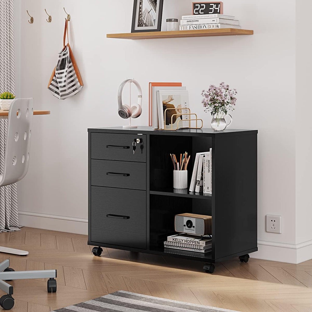 3 Drawer Office File Cabinets, Mobile Lateral Printer Stand with Open Storage Shelf, Rolling Filing Cabinet with