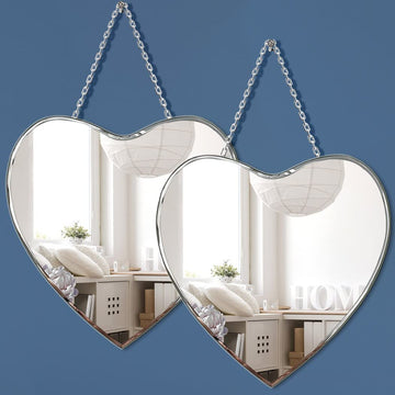 Heart Shaped Mirror with Iron Chain for Wall Decor 12x12 inch 2 Pack Wall Hang Real Glass Frameless Decorative Accent