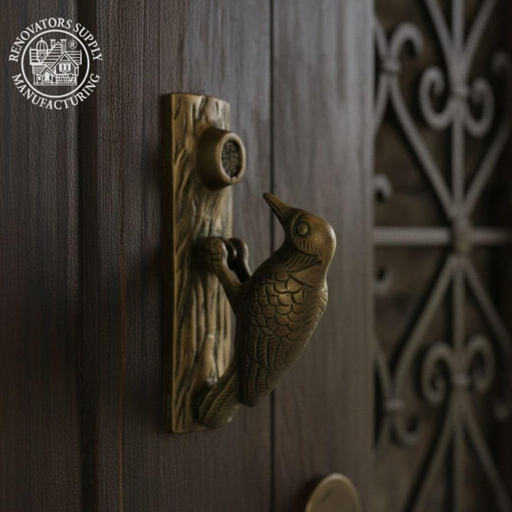 Solid Brass Woodpecker Door Knocker, 6.5" in Antique Brass Finish with Mounting Hardware