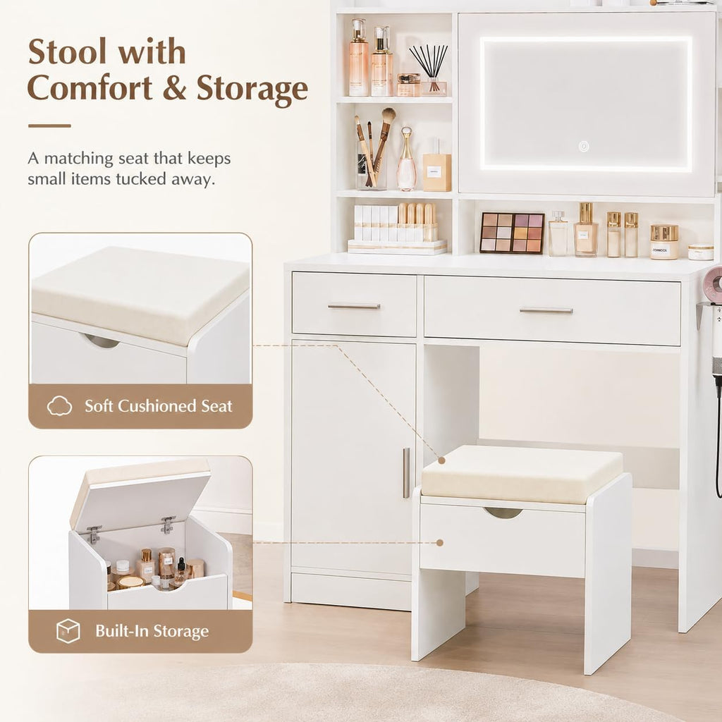 Vanity Desk with Mirror and Lights, Makeup Vanity Table with Stool, Power Outlet, USB Ports, 2 Drawers, Hidden