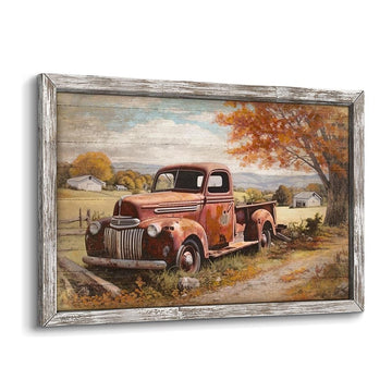 Farmhouse Truck Wood Wall Art: Red Car Framed Picture Rustic Barn Painting Country Anique Pickup Artwork Autumn Rural