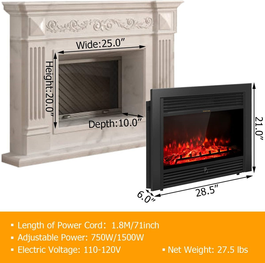 28.5" Electric Fireplace Insert, Wall Recessed/Mounted, Freestanding Fireplace with Remote Control