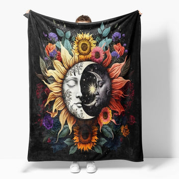 Celestial Sun Moon Flannel Blanket Boho Mid Century Day and Night Throw Blanket Farmhouse Colorfl Sunflower Throw