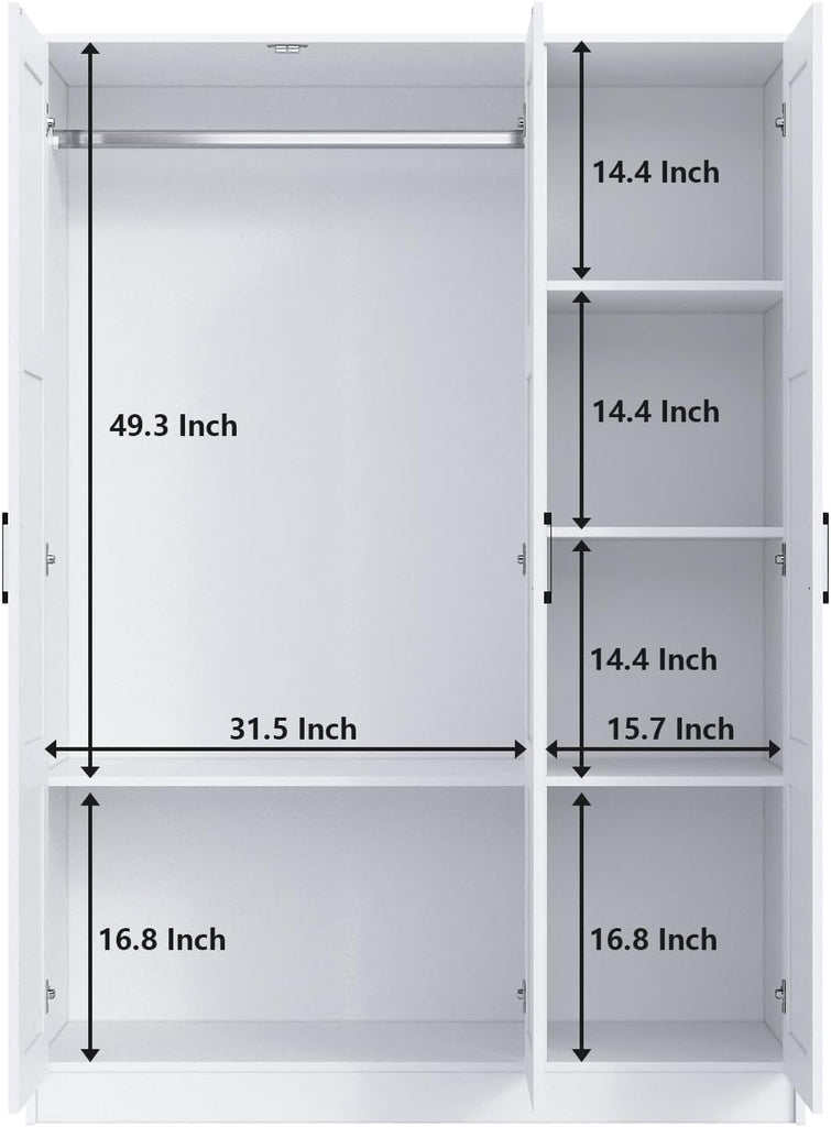 3 Doors Wooden Wardrobe Closet Armoire, White Storage Cabinet for Hanging Clothes, Bedroom Large Capacity