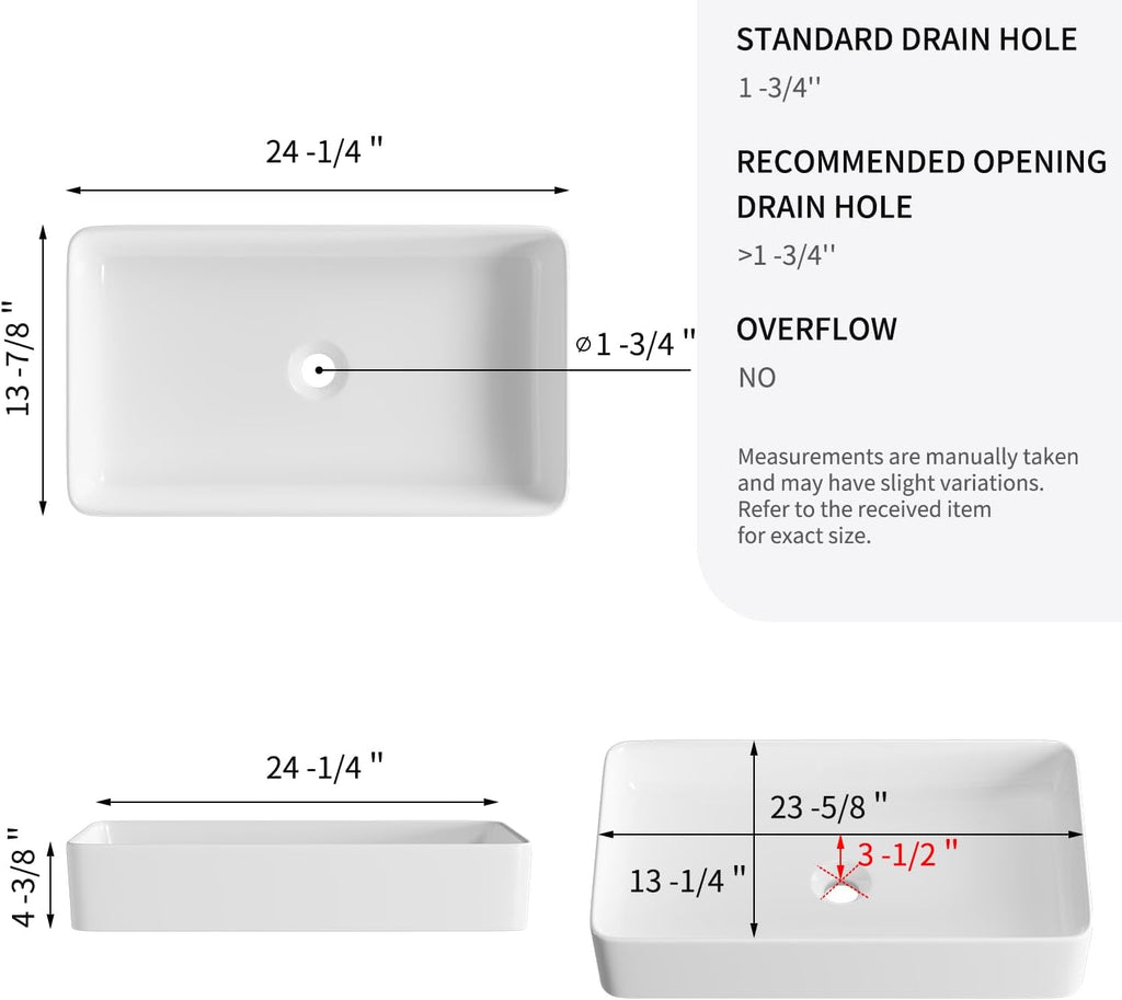 Rectangle Vessel Sinks for Bathrooms: 24 Inch Large Bathroom Vessel Sink, Modern White Porcelain Bathroom Sink