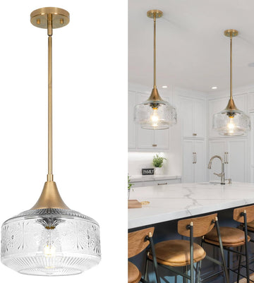 Vintage Gold Pendant Light with Clear Glass, Adjustable Kitchen Pendant Lighting over Island, Brushed Pendant Lights