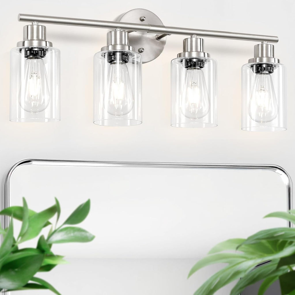 4-Light Nickel Bathroom Light Fixtures, E26 Modern Vanity Lights with Clear Glass Shade, Wall Lamps for Mirror